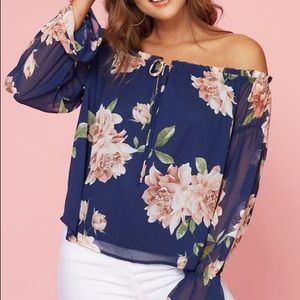 Blue Off Shoulder Top With Sheer Sleeves